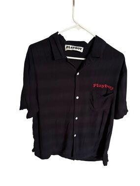Playboy Men’s Black Short-Sleeve Button-Up Shirt with Red Logo medium